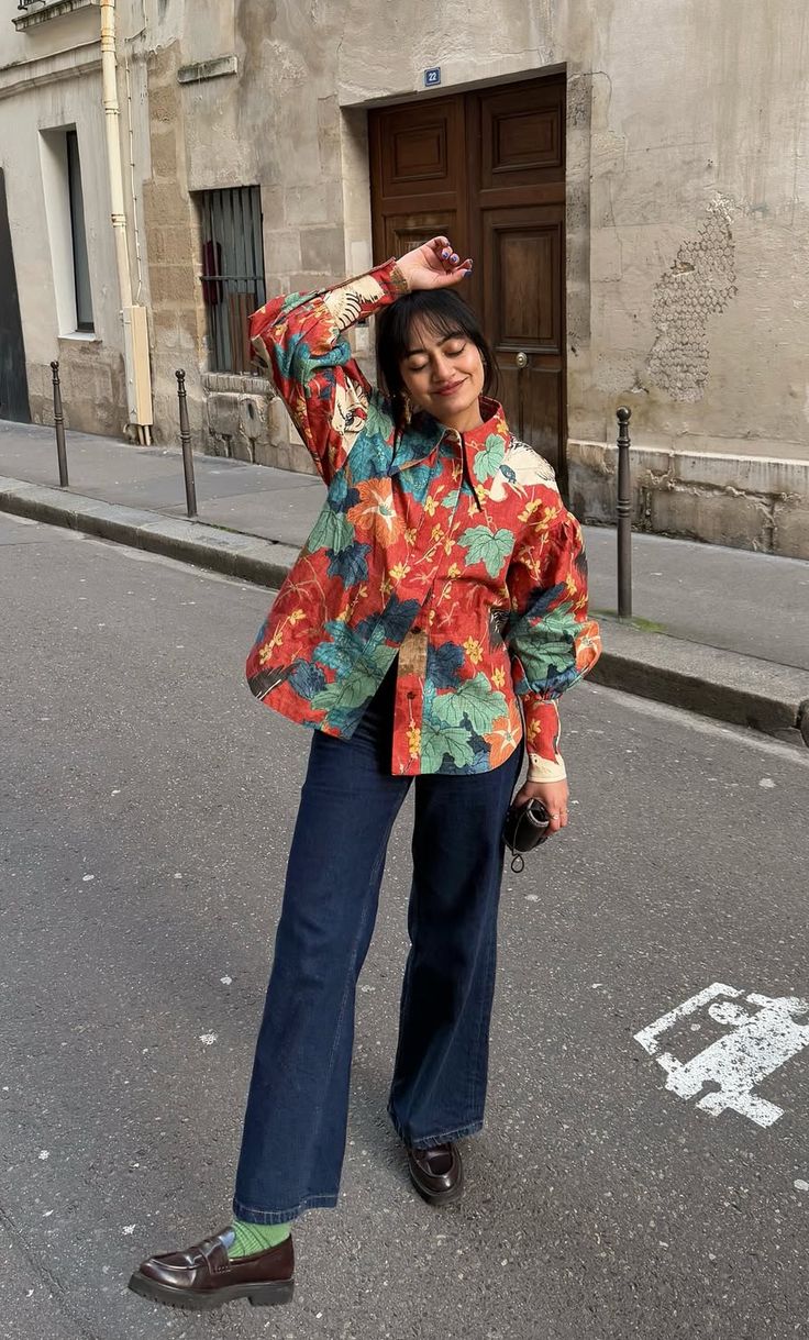 Floral print overshirt with wide denim